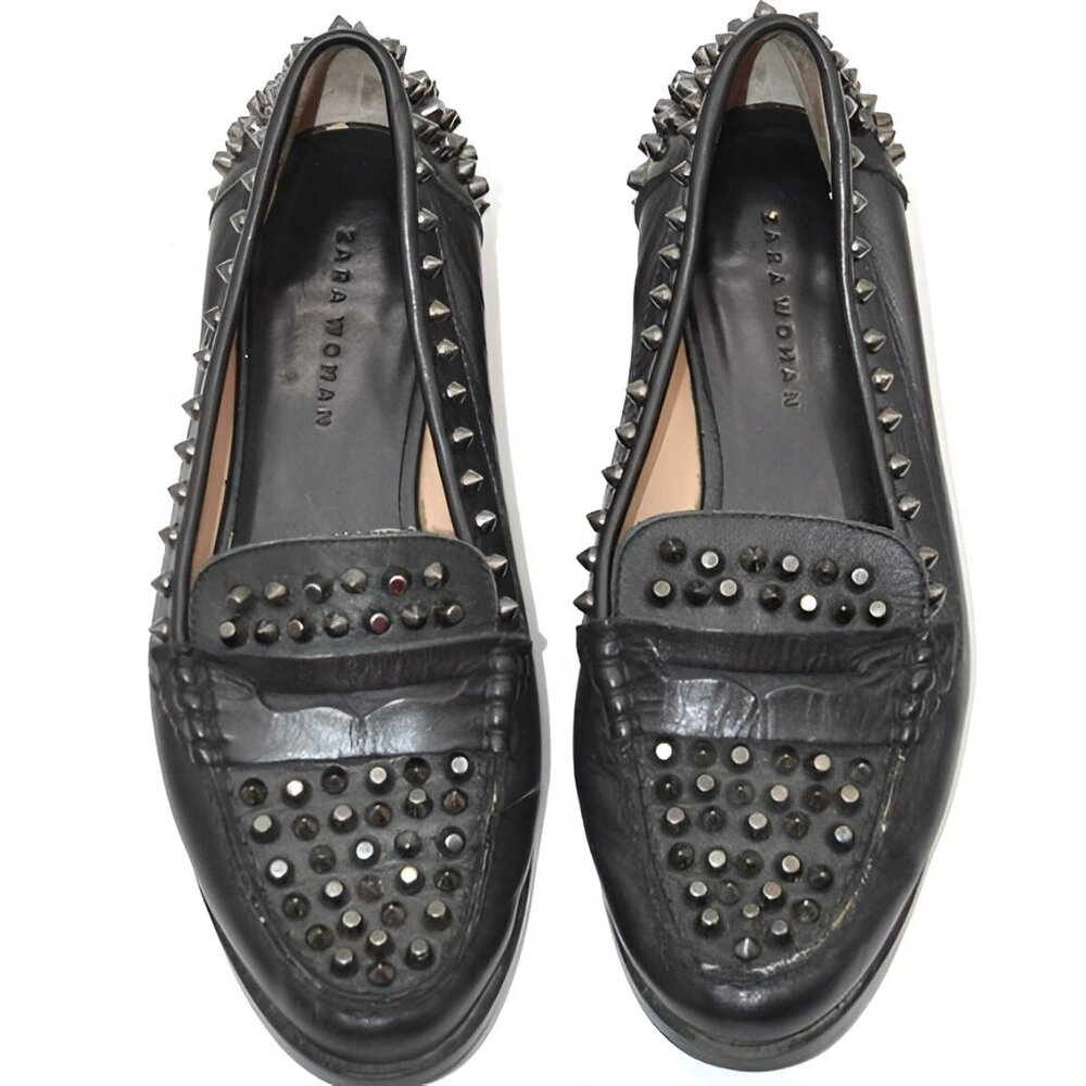 ZARA Spiked Studded Soft Black Real Genuine Leather Loafers Oxford Shoes 6.5 - Picture 3 of 9